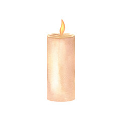 Lighting festive candle in neutral tone watercolor illustration. Minimalist design candlelight element for New Year, Christmas holiday greeting cards, gifts, package decor