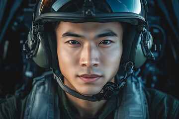 A close-up portrait of a focused pilot wearing a headset and flight gear in the cockpit looking directly into the camera with intensity
