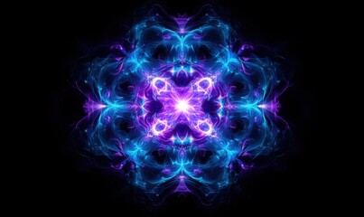 Obraz premium Abstract background with symmetrical glowing blue and purple patterns on black Generative AI