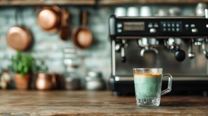 An espresso machine is placed on a wooden countertop, surrounded by kitchen decor elements, with a glass mug filled with creamy espresso closest in view.