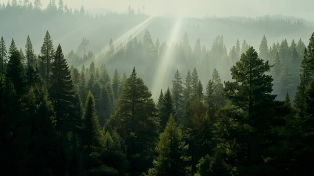 Morning sunlight shining through a misty pine forest, creating a magical atmosphere. The fog is lingering between the trees
