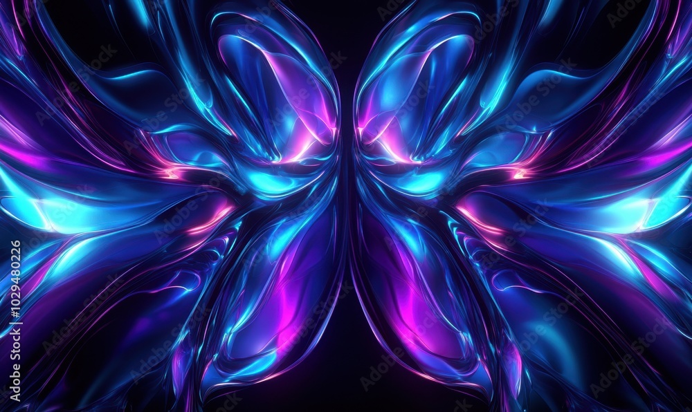 Poster abstract, symmetrical, glowing blue and purple shapes form an intricate pattern on a black backgroun