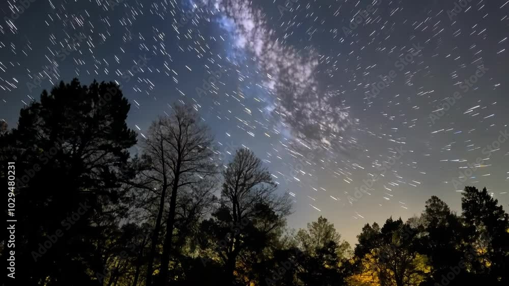 Poster long exposure of a starry night sky with golden clouds floating over a forest with the trees appeari