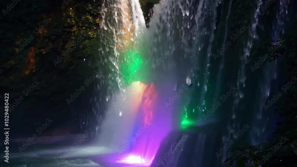 Poster light show illuminating cascading waterfall with vibrant colors at night. tranquil nature landscape 