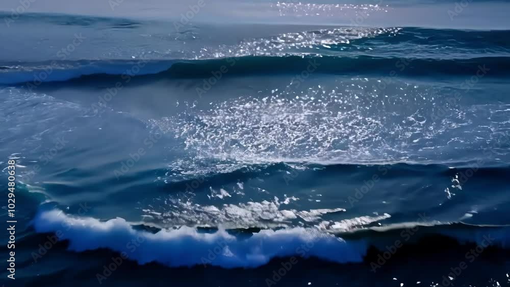 Poster The deep blue ocean alive with powerful crashing waves, creating beautiful white foam on the surface. Feel stormy wind and natural wave patterns in this textured marine image