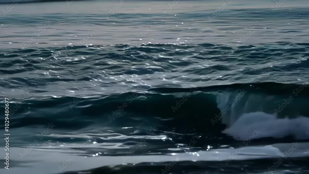 Poster Dark blue ocean waves are rolling and crashing on the shore as the sun sets in the distance, creating a peaceful and serene scene