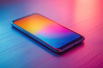 A smartphone with a vibrant, colorful screen on a sleek surface.