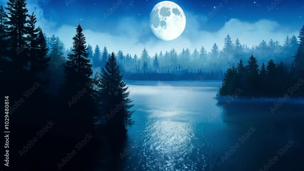 Poster full moon is shining over a misty lake in the middle of a forest at night, with the moonlight reflec