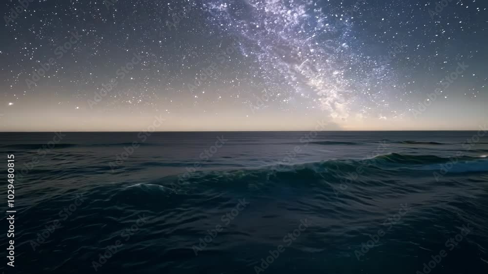 Poster mesmerizing night sky with milky way galaxy shining over ocean waves, creating tranquil and peaceful