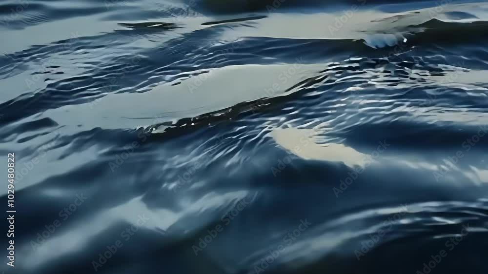 Poster Dark blue water is gently moving and creating an abstract pattern with its ripples. The water is reflecting the sky and the surrounding nature