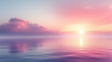 Fototapeta premium Pastel pink and purple clouds are reflecting on the still water of a calm ocean at sunset, creating a sense of peace and tranquility