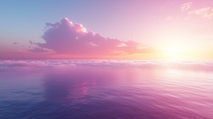 The sun is setting over a vast body of water, casting a warm, pink glow over the clouds above. The water reflects the colors of the sky, creating a serene and peaceful atmosphere