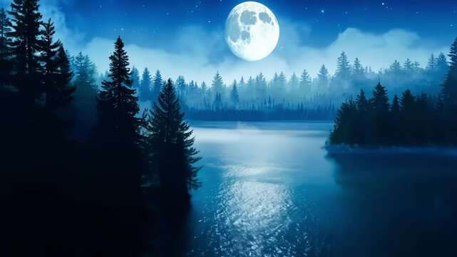 Full moon is shining over a misty lake in the middle of a forest at night, with the moonlight reflecting on the water