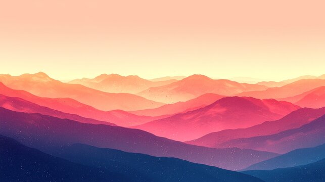 Mountain landscape fading into the distance with sunset colors, featuring a warm and inviting color palette that creates a sense of peace and tranquility