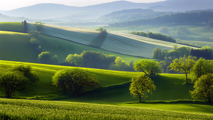 Obraz premium Rice fields stretching across mountain background mountain harvesting field wallpaper