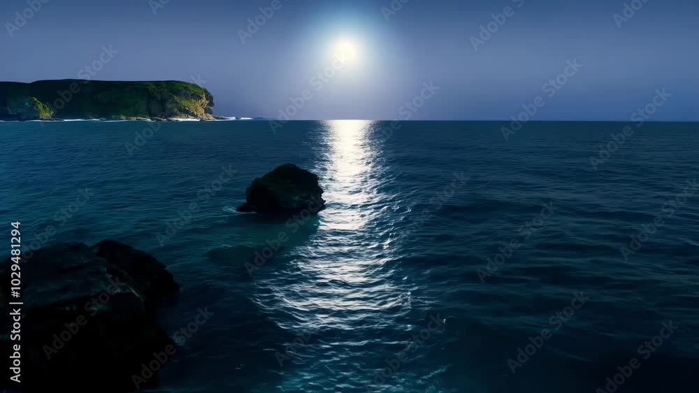 Aufkleber The full moon is shining over the ocean water, creating a moonlit path of light in between two rocks with an island in the background