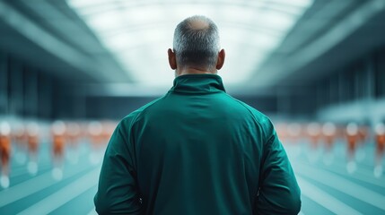 A coach in a green tracksuit observes a sports training session in a large indoor facility, symbolizing discipline and strategic guidance in sports.