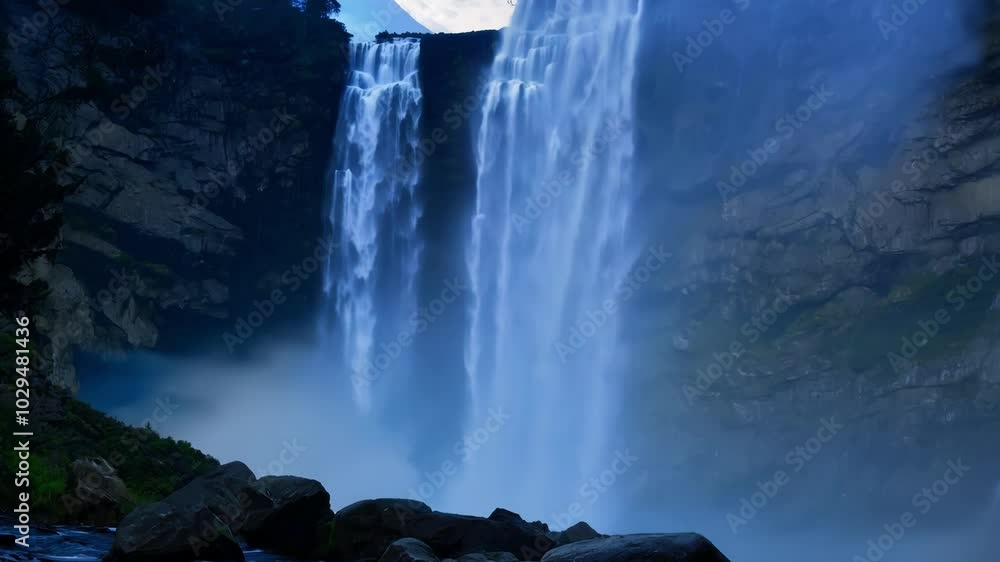 Poster Water is cascading down a steep cliff face with long exposure creating a milky effect on the water as it crashes into the river below