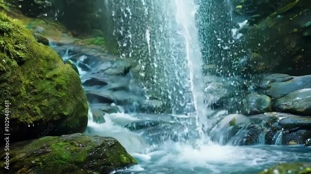 Poster water gently cascades over moss covered rocks in a mountain stream, creating mesmerizing rapids unde