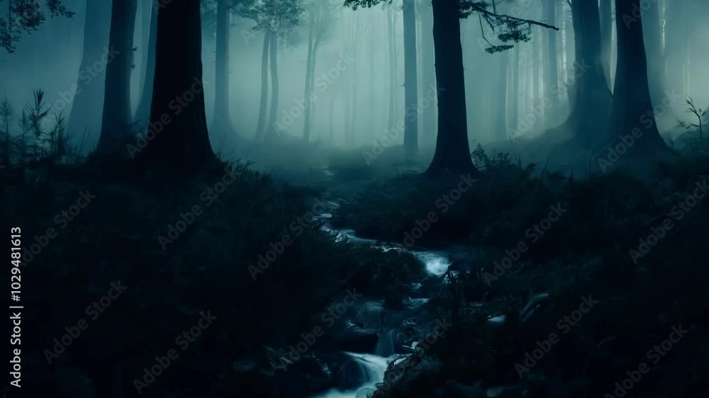 Poster Dark and mysterious forest with a river flowing through it on a foggy night. The fog is thick and adds to the eerie atmosphere of the image