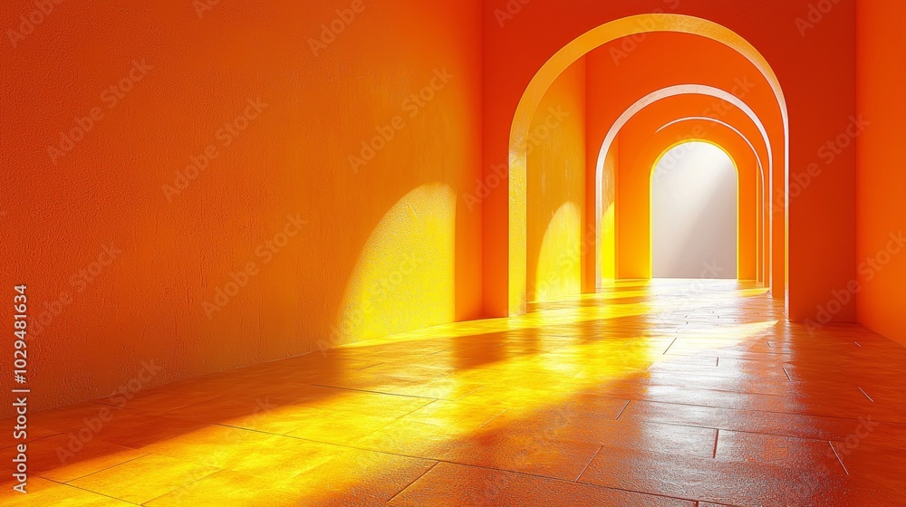 Poster light is streaming through a series of arches in an orange hallway, creating a pattern of light and 