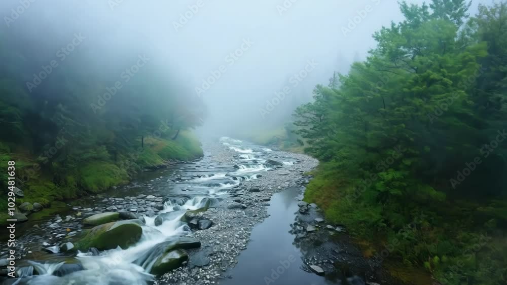 Poster Water is rushing over rocks in a river flowing through a foggy forest, creating a mesmerizing scene of natural beauty and tranquility