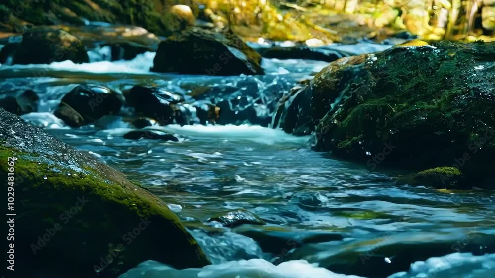 Poster water cascades over rocks in this idyllic forest scene with the sun shining through the trees in the