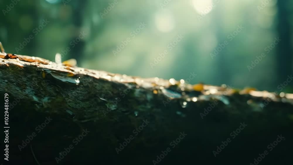 Poster Sunlight illuminates a fallen tree trunk covered in moss and leaves, creating a serene and tranquil atmosphere in a lush green forest