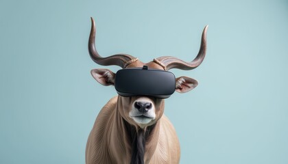 Naklejka premium Zebu using VR glasses while standing over an isolated soft grayish blue background.
