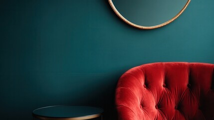 A chic red chair is artistically placed beneath a round mirror, exuding sophisticated style and...