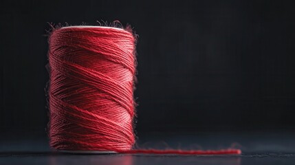 A minimalist portrayal of a spool of red thread resting on a dark, reflective surface, highlighting the vibrant color and intricacies of the thread in a simple setup.