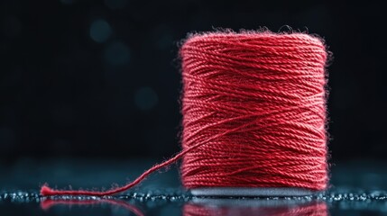 A spool of deep red thread is artistically captured on a reflective surface amidst a dark backdrop, emphasizing its texture, color, and thread details artistically.