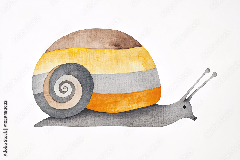 Poster a simple and whimsical watercolor snail illustration with a striped spiral shell in earthy tones on 