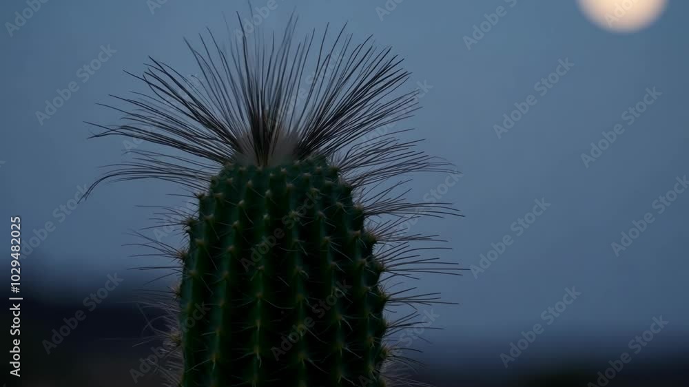 Poster Cactus with long, delicate spines is illuminated by the soft light of the setting sun, creating a sense of tranquility and resilience in a harsh environment