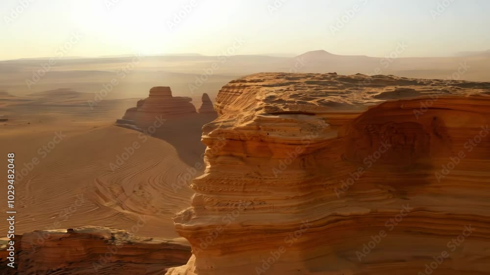 Poster golden sunlight illuminates the layers of sandstone rock formations, creating a sense of awe and won
