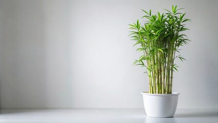Symmetrical bamboo plant in white pot on light background