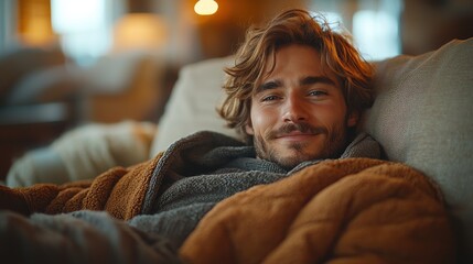 Fototapeta premium A young man relaxes on a cozy couch in a warm, softly lit room, enjoying a peaceful moment at home during evening hours