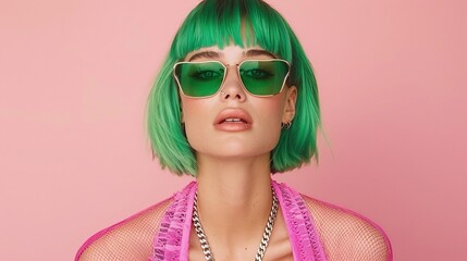 Fototapeta premium Fashion model with neon green bob, green sunglasses, nude lipstick, pink mesh top, and chunky silver necklace, posing against a pastel pink background with ample copy space for bold themes.