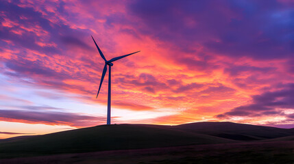 Obraz premium A wind turbine silhouetted against a vibrant sunrise, with its blades turning in the early morning light.