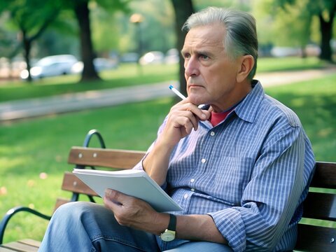 Elderly man sitting on a park bench, holding a notebook and pen, thoughtfully reflecting and writing in a calm, green outdoor environment - Powered by Adobe