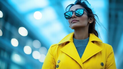 A woman wearing a bright yellow coat and reflective sunglasses stands out against the blue-toned background, exuding style and confidence at night.