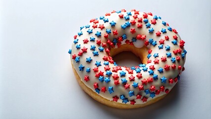 Symmetrical donut decorated with red, white, and blue star sprinkles