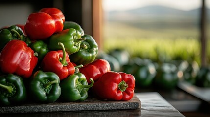 A vibrant pile of red and green peppers sits beautifully on a rustic wooden table, with a scenic countryside view in the background, showcasing freshness and vitality.