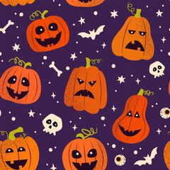 Seamless pattern for Halloween. Different multicolored pumpkin faces, bats, skulls on violet background. Design for textile, wrapper, wallpaper, backdrop.
