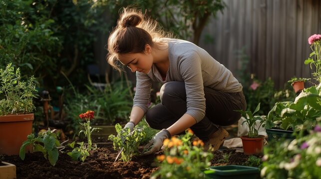 Fototapeta Young woman gardening in an outdoor space, planting flowers and vegetables during a sunny afternoon