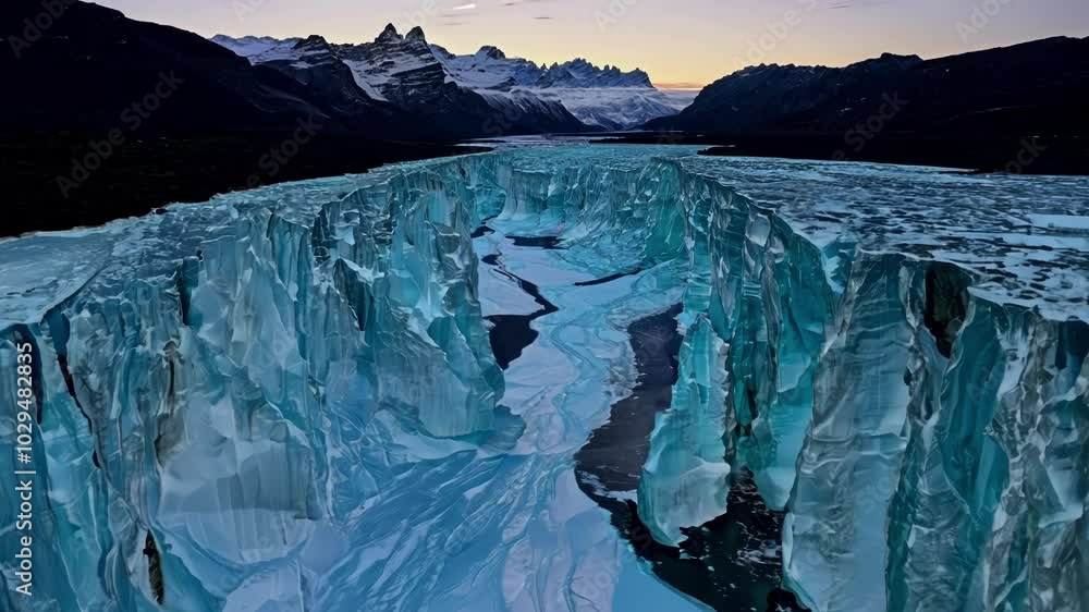 Poster turquoise ice formations rise above the surface of a frozen lake, creating an abstract and beautiful