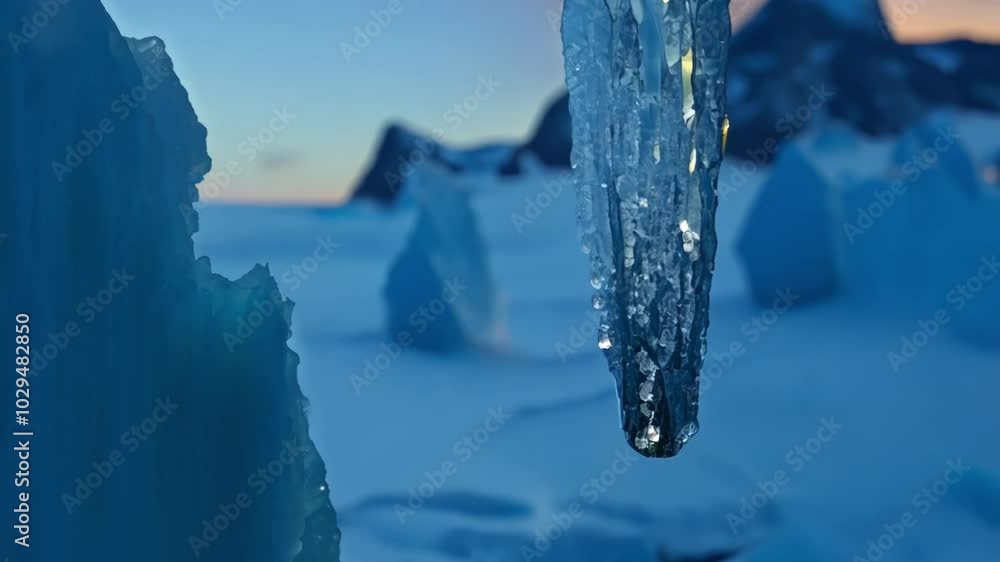 Poster close up of an icicle melting on an iceberg, with the antarctic landscape out of focus in the backgr