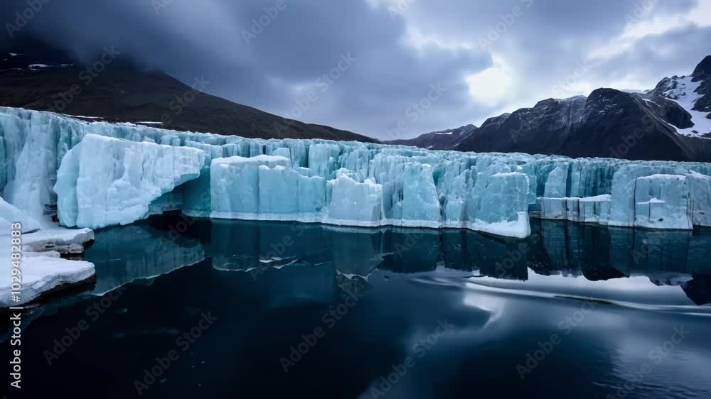 Poster beautiful glacier lagoon is reflecting on the calm water of a lake under a dramatic cloudy sky. the 
