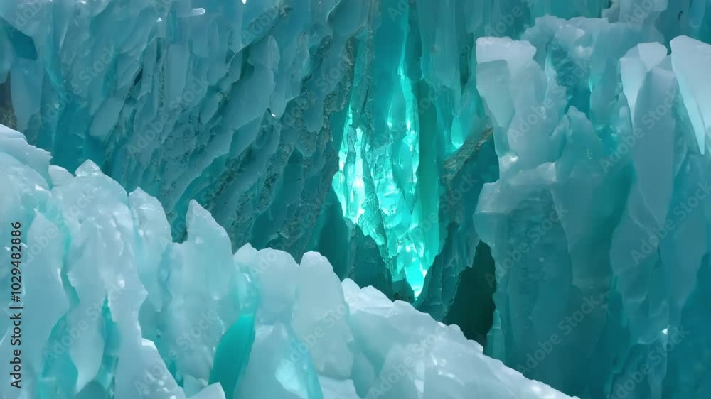Poster sun shining through the ice creates a beautiful turquoise color inside the ice cave. the sunlight il