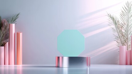 A modern octagonal shape is displayed on a metallic platform surrounded by pastel pink columns, with soft lighting and delicate plants decorating the serene space.